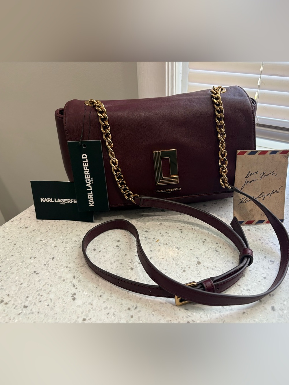 NWT Karl Lagerfeld Barilio Wine Leather Shoulder Bag with Gold Chain